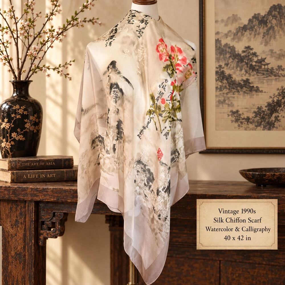 Vintage 1990s Asian Watercolor Calligraphy Silk Chiffon Scarf 40x42
